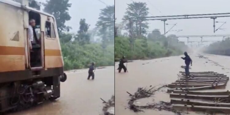 आगे लाल झंडी लेकर चलता रहा रेलकर्मी, पीछे पानी चीरती चलती रही ट्रेन… पटरियों पर चढ़ा 3 फीट पानी